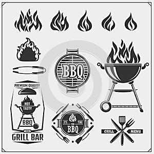 BBQ and grill labels set. Barbecue emblems, badges and design elements. Vector monochrome illustration. photo