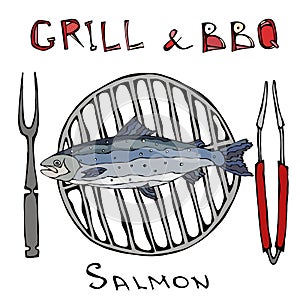 BBQ and Grill Logo. Salmon on a Barbeque Grill. With Fork and Tongs. Seafood Logo. Sea Restaurant Menu. Hand Drawn