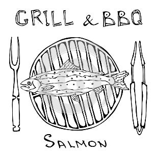 BBQ and Grill Logo. Salmon on a Barbeque Grill. With Fork and Tongs. Seafood Logo. Sea Restaurant Menu. Hand Drawn
