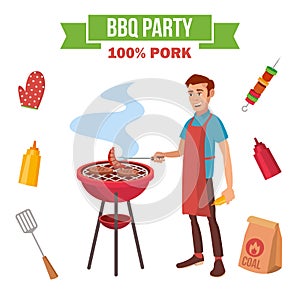 BBQ Grill Meat Cooking Vector. Man Cooking Meat. Outdoor Rest. Cartoon Character Illustration