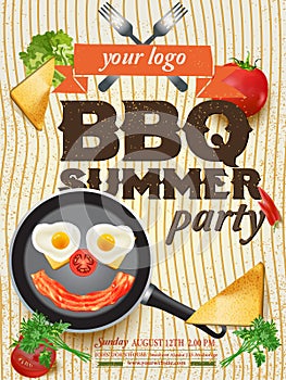 BBQ grill meat party invitation with pan, food realistic elements on grunge yellow background. Barbecue poster. Food flyer. Vector
