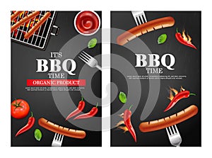 Bbq grill party banners set Vector realistic. Vertical menu brochure template hot sausage. Hot sauce chily and tomato