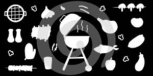bbq grill party black white elements set