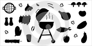 bbq grill party black white elements set