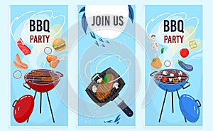 Bbq grill party flat vector illustration, cartoon barbecue food, roasted grilled meat with smoke, steaks and vegetables