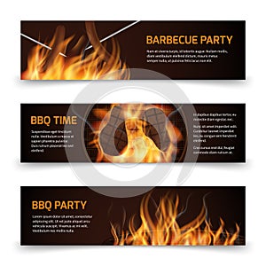 Bbq grill party horizontal vector banners set with realistic hot fire