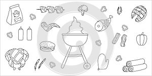 bbq grill party line doodle elements set