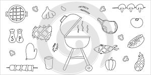 bbq grill party line doodle elements set