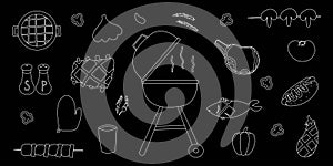 bbq grill party line doodle elements set