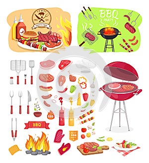 BBQ Grill Party Time Icons Set Vector Illustration