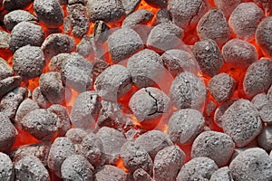 BBQ Grill Pit With Glowing Hot Charcoal Briquettes, Closeup