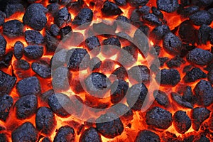 BBQ Grill Pit With Glowing Hot Charcoal Briquettes, Closeup