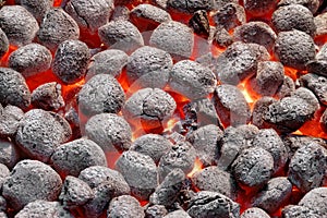 BBQ Grill Pit With Glowing Hot Charcoal Briquettes, Closeup