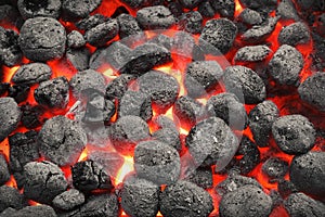 BBQ Grill Pit With Glowing Hot Charcoal Briquettes, Closeup