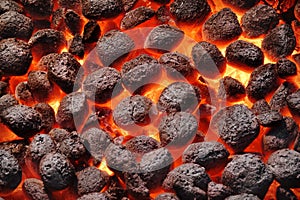 BBQ Grill Pit With Glowing Hot Charcoal Briquettes, Closeup