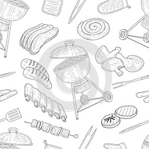 Bbq and Grill Seamless Pattern with Hand Drawn Food all Around