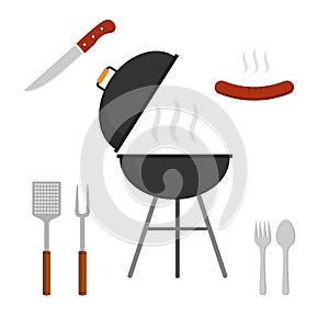 BBQ grill set icons isolated on white background. Picnic camping cooking, barbecue vector illustration icon flat style.