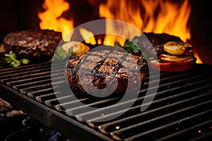 a bbq grill smoky with charred corn and burger patties