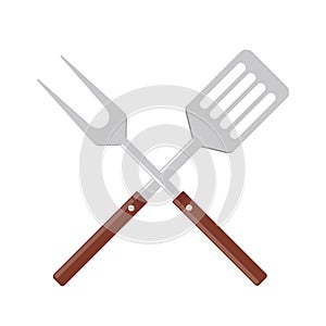 BBQ or grill tools icon. Crossed barbecue fork with spatula.