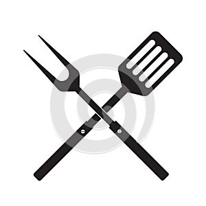 BBQ or grill tools icon. Crossed barbecue fork with spatula.