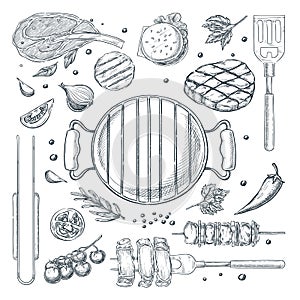 BBQ grill vector sketch illustration. Top view objects set, isolated on white background. Picnic menu design elements