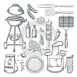 BBQ grill vector sketch illustration. Top view objects set, isolated on white background. Picnic menu design elements