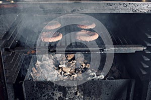 BBQ Grilled Burgers Patties On The Hot Flaming Charcoal Grill, Food, Good Snack For Outdoor Party Or Picnic