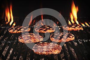 BBQ Grilled Burgers Patties On The Hot Flaming Grill