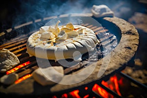 Bbq, grilled camembert cheese on grill grate with fire. Close-up view. Summer picnic outdoors.