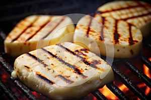 Bbq, grilled halloumi cheese on grill grate with fire. Close-up view. Created with Generative AI technology