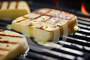 Bbq, grilled halloumi cheese on grill grate with fire. Close-up view. Created with Generative AI technology