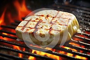 Bbq, grilled halloumi cheese on grill grate with fire. Close-up view. Created with Generative AI technology