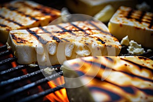 Bbq, grilled halloumi cheese on grill grate with fire. Close-up view. Created with Generative AI technology