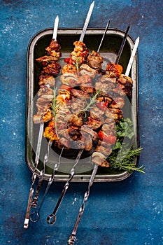 Bbq grilled meat pork, chicken and vegetable skewers on tray. Top view, flat lay