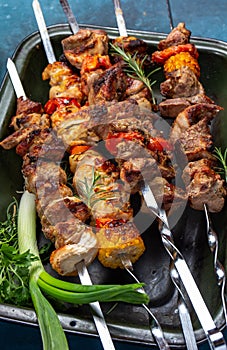 Bbq grilled meat pork, chicken and vegetable skewers on tray. Top view, flat lay