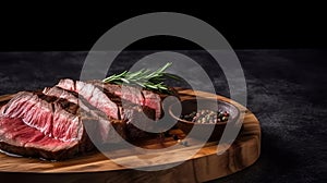 BBQ Grilled Medium Rare top sirloin beef steak, steak in a wooden plate, Black background