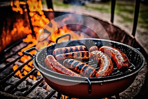 Bbq grilled sausages barbeque outdoors. Created with Generative AI technology