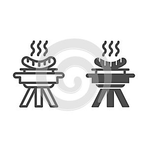 BBQ and grilled sausages line and solid icon, picnic concept, barbecue with hot sausages sign on white background, bbq