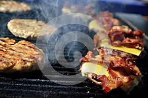 BBQ hamburger and ham cheese on the grill