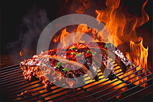 BBQ and honey glazed baby back ribs on a flaming BBQ