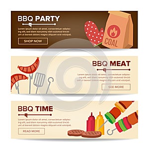 BBQ Horizontal Promo Banners Vector. Barbecue Web Background. Grilled Meat Assortment. Grilled Steak, Sausages