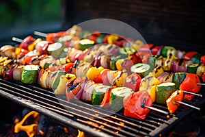 bbq kabobs with vegetables cooking on a grill