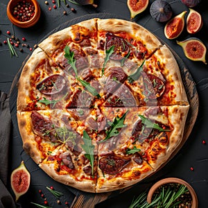 Bbq Meat Pizza with Beef, Pork, Lamb, Figs on Top View Flat Lay, Yeasted Flatbread with Barbecue photo