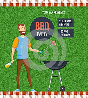 Bbq outdoor party poster place for text. Happy man cooking grill steak drinking beer picnic weekend