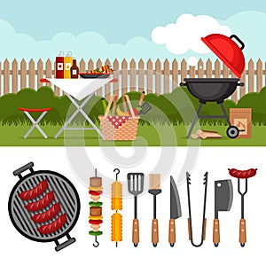 Bbq party background with grill. Barbecue poster. Bbq tools set.