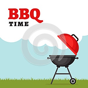 Bbq party background with grill and fire. Barbecue poster. Flat