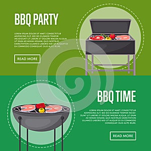 BBQ party flyers with meats on barbecue