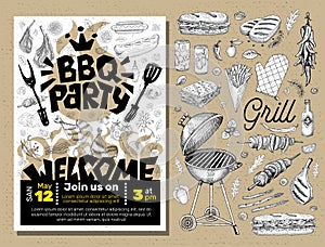 BBQ party Food poster. Barbecue template menu invitation flyer d