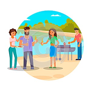 Bbq party with friends, flat vector illustration. People cooking meat, sausages on grill, drinking beer and having fun.