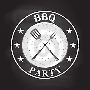 BBQ party grunge stamp isolated on blackboard texture with chalk rubbed background. Barbecue icon or logo with fork and spatula.